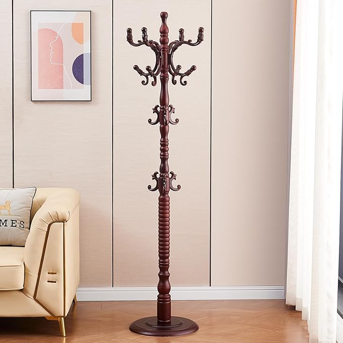 Wood Coat Rack Stand Wooden Coat Rack Freestanding Hall Coat Tree with Sturdy Round Base and 14 Hooks for Hats Bags Purses Vintage Coat Tree Hanger Stand for Entryway Hallway Bedroom, Brown