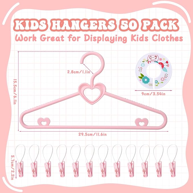 Pink Heart Baby Hangers 50 Pack Plastic Baby Clothes Hangers with Clips Non-Slip Laundry Kids Infant Hanger for Newborn Toddler Clothes, Stackable Space Saving