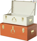 Vixdonos Decorative Large Metal Box Storage Trunk Chest Set of 2 College Dorm Organizer with Hardware Hasps and Handle for Home Deocr,23.7X14.2X9.5 Inches(Beige and Orange)