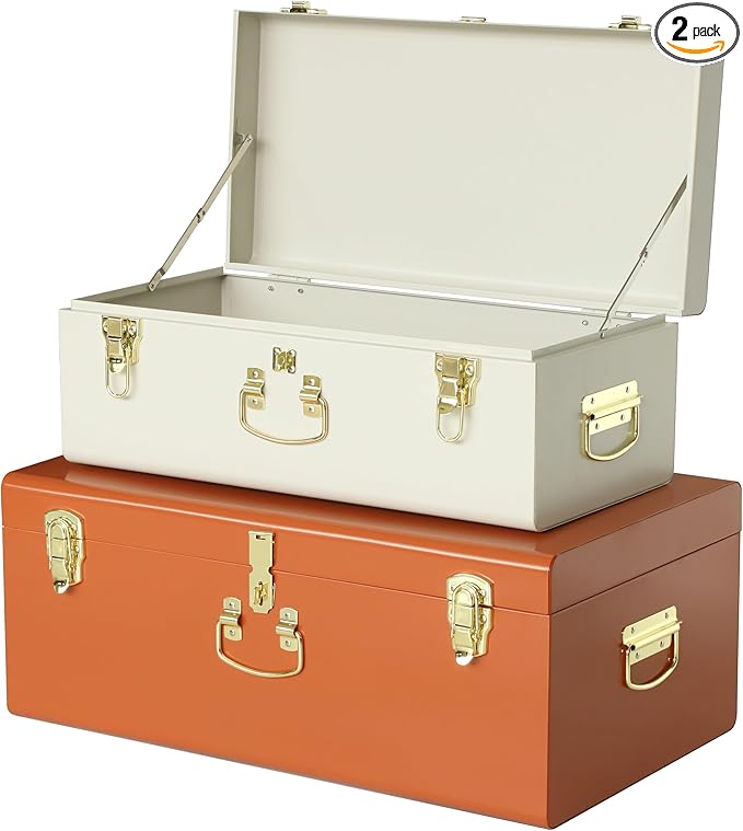 Vixdonos Decorative Large Metal Box Storage Trunk Chest Set of 2 College Dorm Organizer with Hardware Hasps and Handle for Home Deocr,23.7X14.2X9.5 Inches(Beige and Orange)