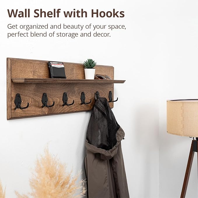 Rustic Wall Mounted Coat Rack with Shelf Wooden Entryway Organizer with 5 Metal Hooks for Coats Hats Towels Keys Floating Storage Shelf for Bathroom Bedroom (Walnut, 45 inch 8 Hooks)