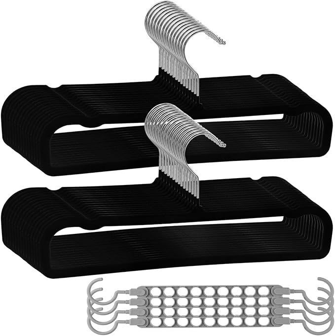 Velvet Pants Hangers Non Slip, 30 Pack Velvet Hangers for Closet with Porous Hooks, Strong Durable Space Saving Slim Clothes Hanger, Ultra Thin Flocked Hanger for Pants/Shirts/Bra/Shorts (Black)