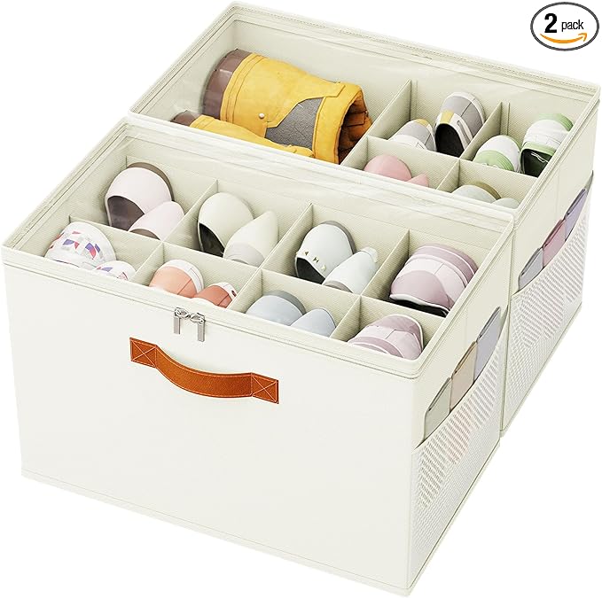 2 Pack Shoe Organizer for Closet,Foldable Shoe Storage Organizer with Adjustable Dividers, Shoe Storage Box with Clear Cover, Fits up to 16 Pairs, Beige