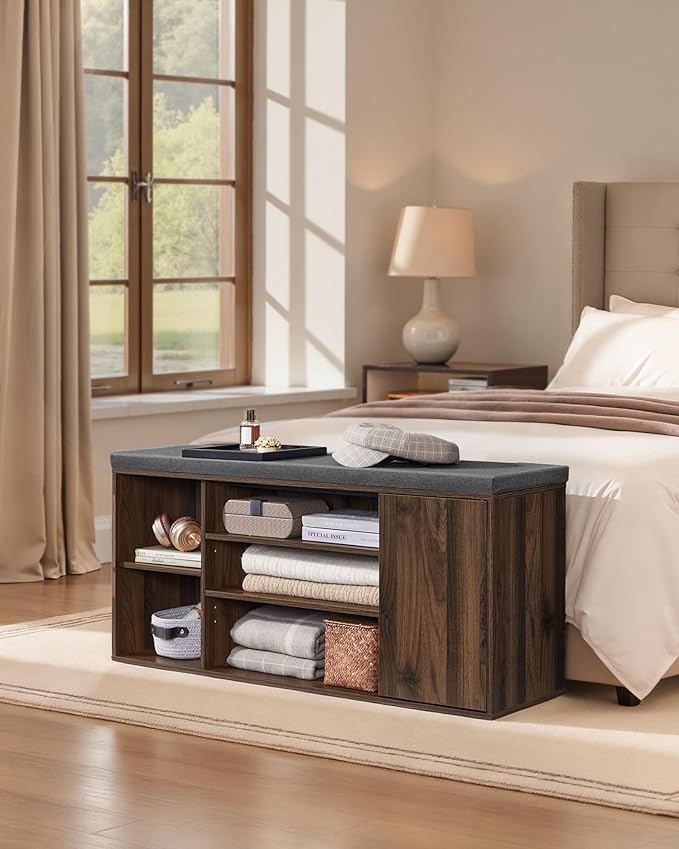 SONGMICS HOME Storage Bench, Superfast Toolless Assembly, 41" Wide Entryway Shoe Bench with Cushion & Adjustable Shelves, Shoe Rack Cabinet, Natural Walnut and Slate Gray ULHS391KE04S
