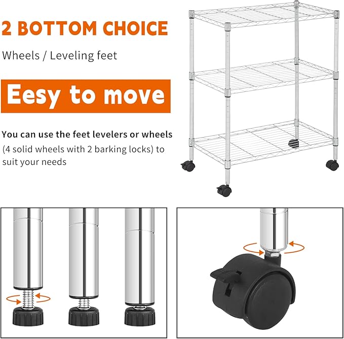 3 Tier Rolling Storage Cart with Wheels and Leveling Feet, Adjustable Wire Shelving Rack, Heavy Duty 450LBS Capacity, Metal Shelf Organizer for Kitchen, Bathroom, Laundry, Office, 23"L x 13"W x 31.3"H