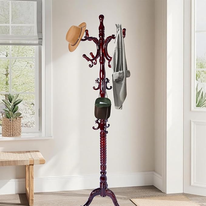 Wooden Coat Rack Freestanding with Resin Hooks, Adjustable Heavy Duty Stand for Hanging Coats, Bags, Hats, and Umbrellas in Living Room, Bedroom, Entryway (Tripod-Rosewood color)