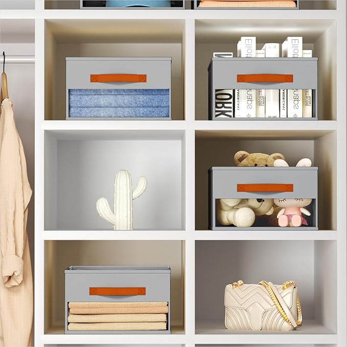 Drawer Organizers and Storage - 10 Pack Foldable Pants Organizer with Clear Window & Handles, Fabric Closet Organizer for Clothes, Jeans, Sweaters, Towels, T-shirt, Scarf (Grey)