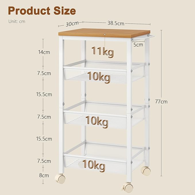 Hoctieon Rolling Storage Cart, 4-Tier 11.8" Wide Rolling Kitchen Storage Cart, Utility Cart with Handle & Wheels, Mobile Shelving Unit, Metal Frame Narrow Cart for Home Kitchen, Laundry, Oak Beige