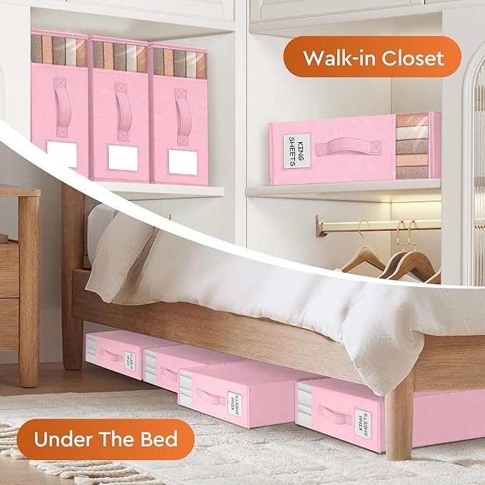 6 Pack Bed Sheet Closet Organizers and Storage,Sturdy Foldable Storage Containers with Window and Label,Storage and Organization for Bedding Sheets,Duvet Covers,Blankets (Pink)