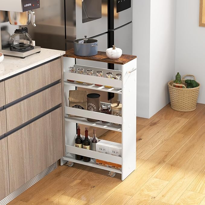 Slim Storage Rolling Cart, 4-Tier Side Out Shelving Unit with Handle, Mobile Organizer Utility Cart on Wheels for Laundry, Bathroom, Office, Kitchen, Narrow Places (White & Brown, Extra Width)