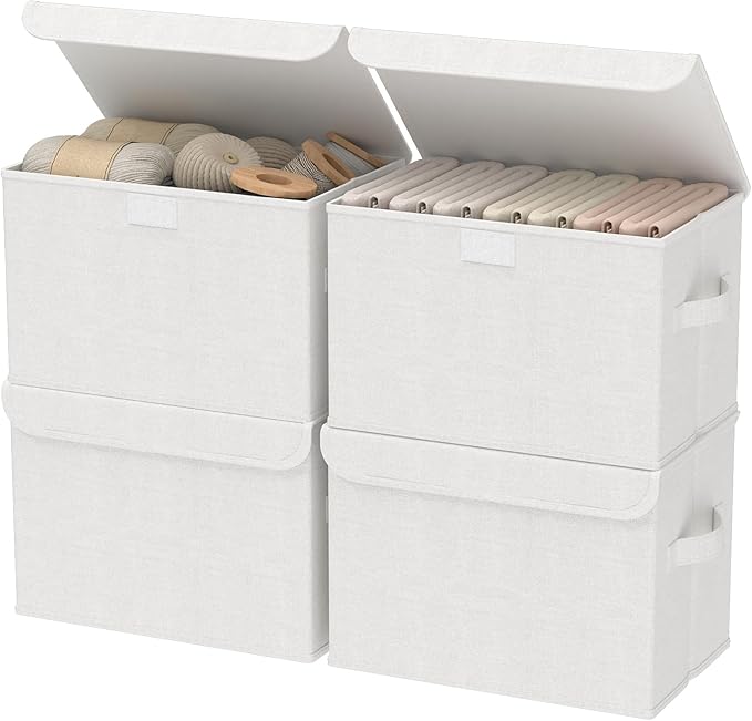 Storage Bins with Lids for Organizing, Closet Boxes with 2 Carrying Handles and Sturdy Heavy Cardboard, Home Organizers Cubes, 4 Pack, White, 15 x 9.8 x 9.8 In, XSNY12WL-4
