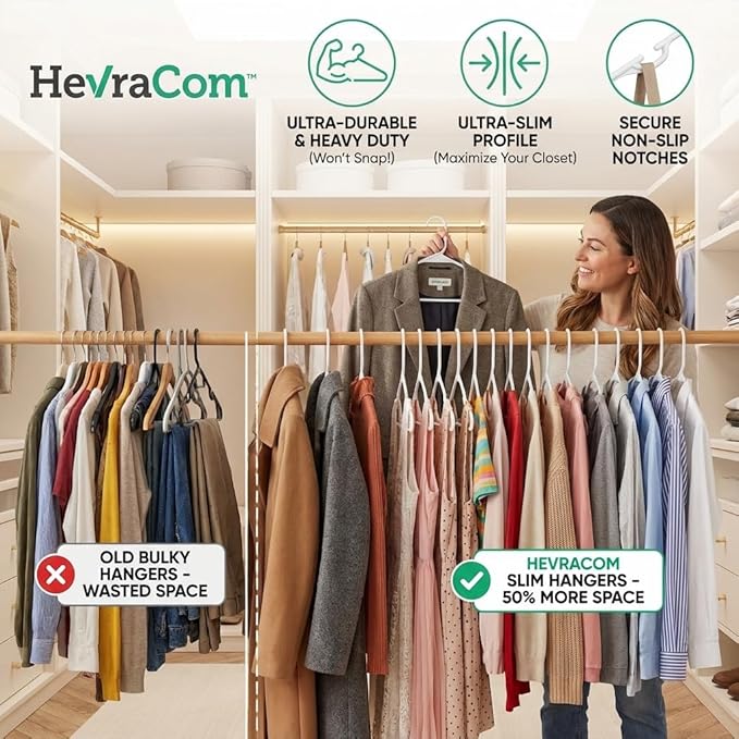 HevraCom Clothes Hangers Strong Heavy Duty Non Slip Hangers 50 Pack - Space Saving Coat and Pants Hangers, Skirt Hanger and Pant Hanger for Closet Organization and Storage, Hangers Plastic 50 Pack