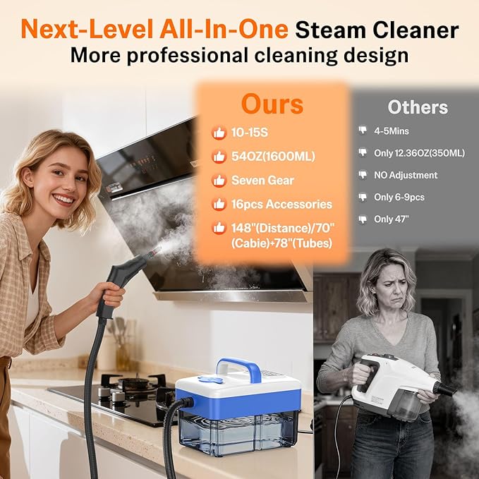 2500W Handheld Steam Cleaner with 16pcs Accessories & 1.6L Tank, 10S Fast Heating & High Temperature Portable Steam Cleaner for Home, Car, Steamer for Cleaning Windows, Grout, Upholstery and More