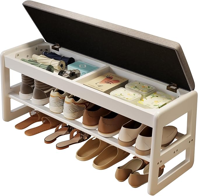 AQIMUELE Shoe Rack Bench,2 Tiers Shoe Bench with Storage with Flip-Top,Wood Shoe Rack for Entryway,Hallway（White Upholstered Seat）