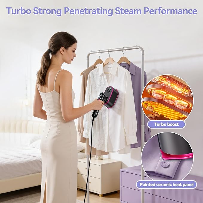Portable Handheld Travel Steamer for Clothes, 2-in-1 Steamer & Iron 4 Modes LCD Display, Garment Steamer 1200W 15S Fast Heat-up 180ml Tank for 20Min Penetrating Steam Wrinkle Removal, 100-120V