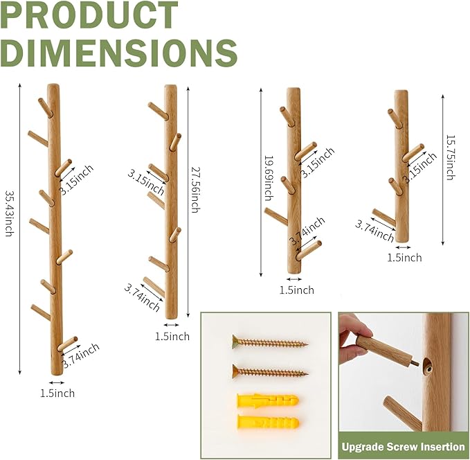 Vertical Coat Rack Wall Mounted - Height 36 Inches, Oak Wood Vertical Hat Rack for Wall with 9 Hooks, Modern Coat Rack Tree for Hanging Hats, Jackets, Bags in Entryway Bedroom Office