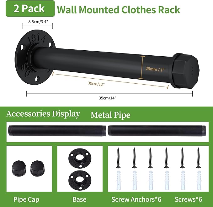 Industrial Pipe Clothes Hanger Rack 12 Inches Heavy Duty Metal Wall Mounted Hanger Bar For Hanging Clothing Small Closet Rods (2 Pack)