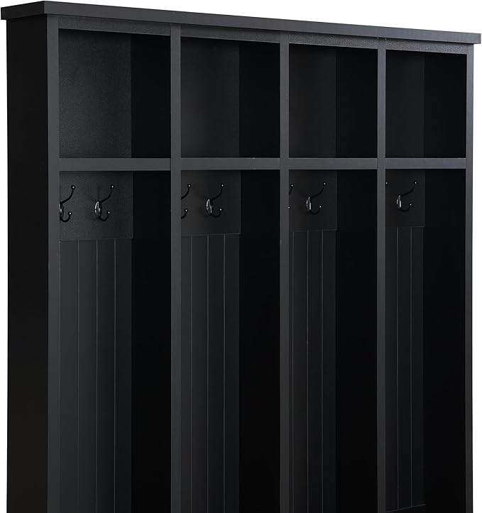 Farmhouse 59" Wide Hall Tree with 8 Hanging Hooks, Wood Grain Bench with Open Compartments, 76.7" H Entryway Shoe Rack Coat Hanger for Living Room Mudroom Hallway (Black-8.26)
