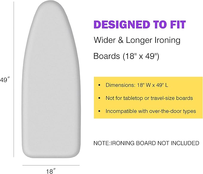 Ironing Board Cover and Pad 18x49 Large, Extra Thick Natural Cotton, Silicone Coated, Scorch Resistant, Elastic Edge with Hook Loop Strap, Wide Iron Board Padding, Heatproof Silver