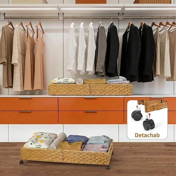 Under Bed Storage with Wheels, 31.5In/40L Large Rolling Underbed Storage Organizer Drawers Bins, Rattan Under the Bed Storage Containers with Handles, Space Saving Design for Clothes,Shoes,Books