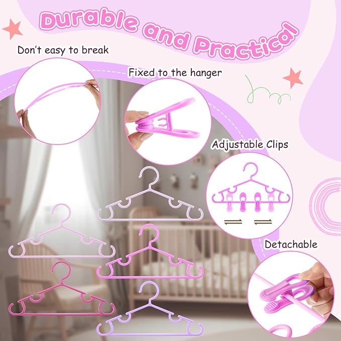 Hsei 5/10/40 Pack Baby Hangers with 10/20/80 Clips, Plastic Kids Pants Hangers for Nursery Closet Top and Bottom Clothes Hanger Set for Newborn Infant Toddler(120 Packs Total,Pink Series,10.6 Inch)
