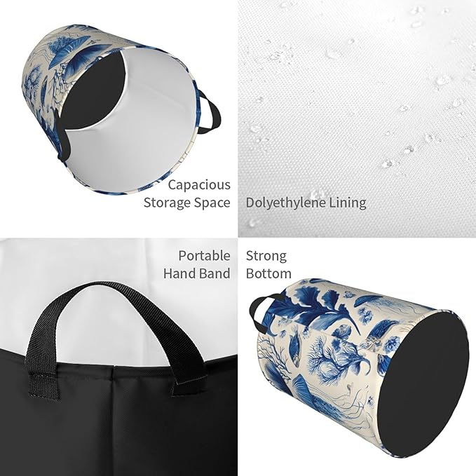Blue Jellyfish Pattern Laundry Hamper, Collapsible Storage Basket with Handles for Clothes, Bedroom, Bathroom 19.6 x15.7 Inch