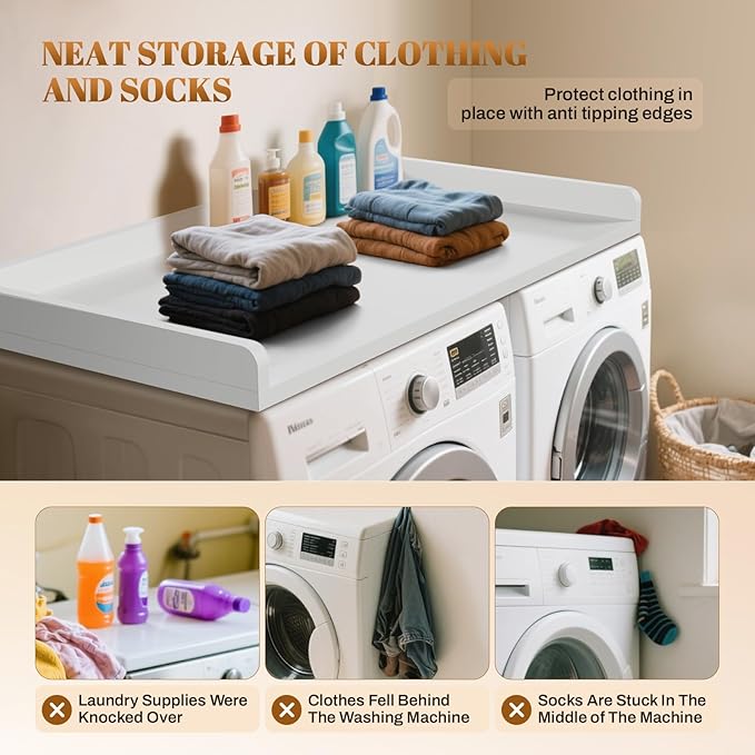 GCCSJ Washer Dryer Countertop, 54" Width x 27.5" Depth Wood Laundry Topper with Edge & Non-Slip Pads for Laundry Room Organization Storage & Clothes Folding, White