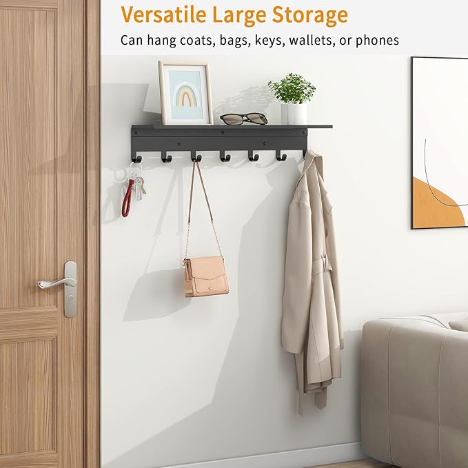 Wall Shelf with 7 Hooks, 23 Inch Entryway Coat Rack Wall Mounted, Metal Coat Hanger with Shelf Storage Clothes, Bags, Purse for Living Room, Balcony, Closet, Black