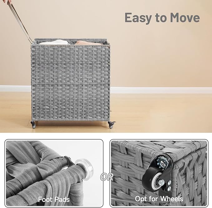 Laundry Hamper with Wheels, 39.6 Gallon(150L) Rolling Laundry Basket with Lid, Removable Large 2 Color Liners & 3 Mesh Laundry Bags, Clothes Hamper with Side Pocket, Grey