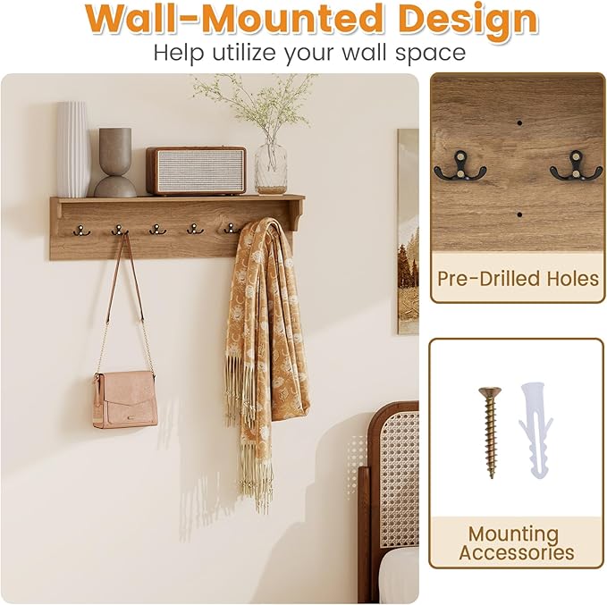 Giantex Coat Rack Wall Mount, 31.5" Wooden Coat Hooks with Shelf, Wall Clothes Rack w/ 6 Dual Hooks for Hats Towels Purses Robes, Floating Display Shelf for Living Room Bedroom Entryway, Natural