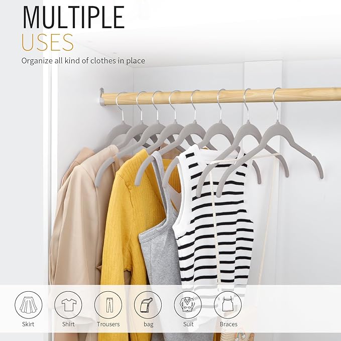 ManGotree 50 Pack Velvet Shirt Hangers for Women, 16.5'' Suit Hangers with 360° Swivel Hook, Non-Slip Coat Clothes Hanger for Tank Top, Shirts, Dress, Blouses, Strappy Dresses (Grey)