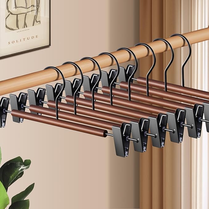 Wooden Pants Hangers with Clips 20 Pack Adjustable Wood Skirt Hangers for Women&Men Space Saving Closet Non Slip Clothes Hanger for Jeans,Trousers,Short,12Inch Brown