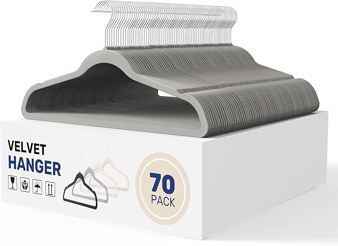 YSSOA 70 Packs Velvet Hangers, Non Slip Space Saving Suit Hangers, Heavy Duty Clothes Hangers with 360° Rotatable Hook for Coats, Pants, Grey