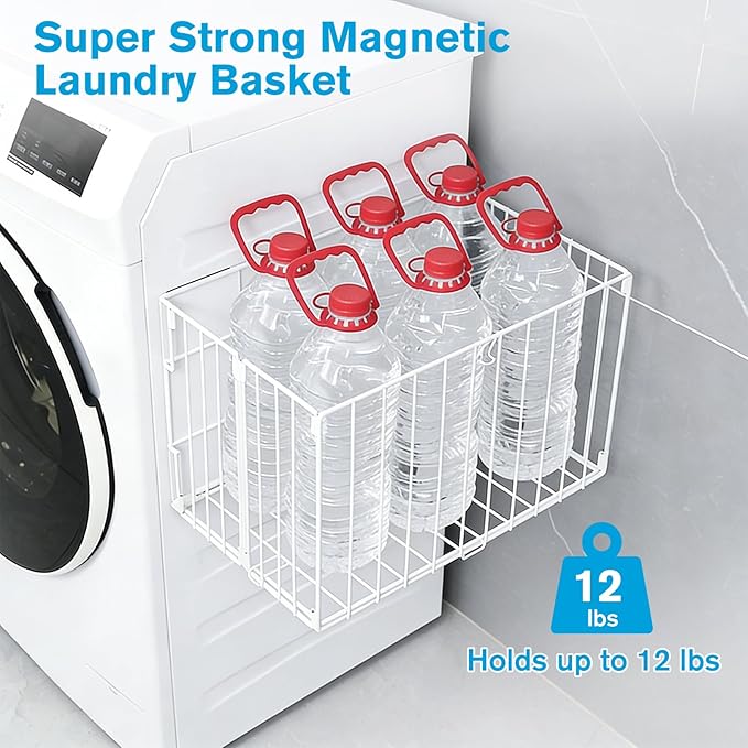 Magnetic Collapsible Laundry Basket, Foldable Metal Laundry Hamper for Washing Machine Side, Space Saving Pop Up Hamper, Laundry Room Organization and Storage (White)