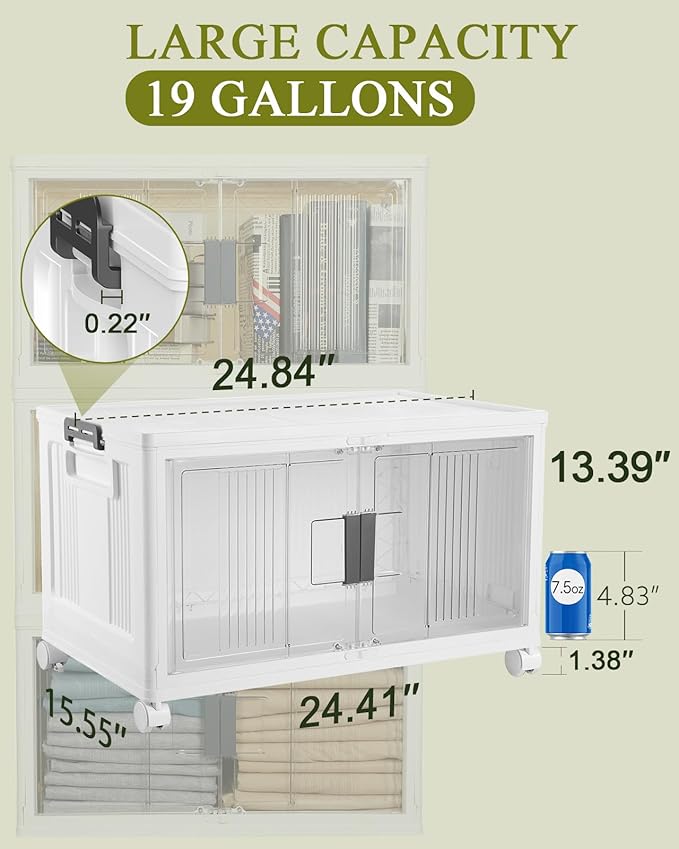OlarHike 76QT Lockable Storage Bins with Lids - Folding Storage box with Doors and Wheels, Collapsible Plastic Bins for Closets, Stackable Organizer and Containers, Gifts, 3 Pack Cubes