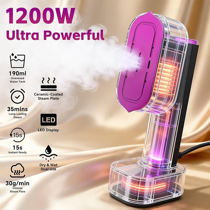 Portable Travel Steamer for Clothes & Steam Iron, 1200W Fast Heat, 6 Fabric Modes with LED Display, 190ml Tank, 2-in-1 Handheld Garment Steamer, 120V
