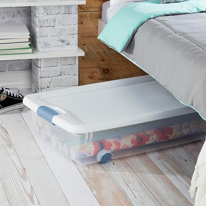 Sterilite 4-Pack 56 Quart Wheeled Latching Box, Underbed Clear Plastic Storage Organizer - Under Bed Rolling Container Bin with Lid and Wheels for Home or Dorm Bedrooms and Closets