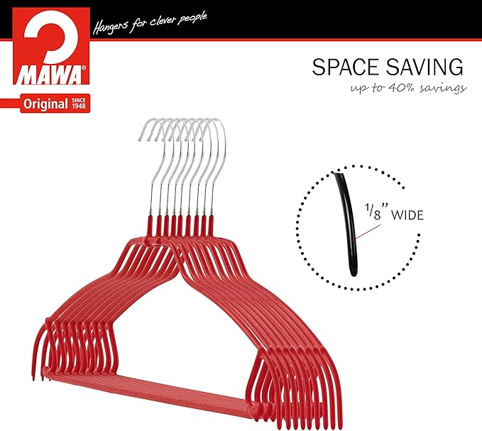 MAWA Clothes Bar Reston Lloyd Silhouette Ultra-Thin Series, Non-Slip Space Saving Shirt Hanger with Pant Bar & Skirt Hooks, Style 42/FTU, Pack of 10, Red