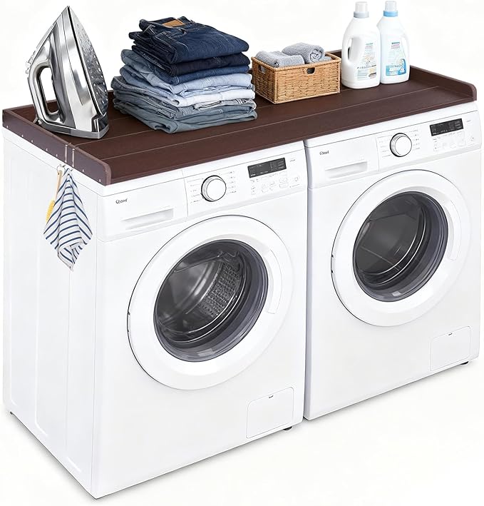 HDPE Washer Dryer Countertop, 54" x 27" Laundry Countertop with 2 Hooks & Non-Slip Pads, Washer and Dryer Topper for Laundry Room Organization, No-Installation(Brown)