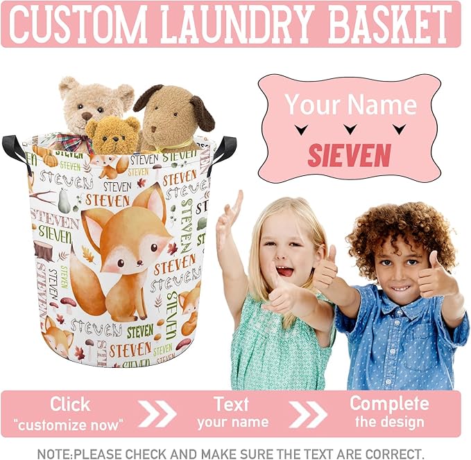 Fox Laundry Basket,Personalized Laundry Hamper for Boys Girls,Custom Laundry Basket With Name, Customized Dirty Clothes Hamper for Bathroom Bedrooms,S-16.5"X 13.8"