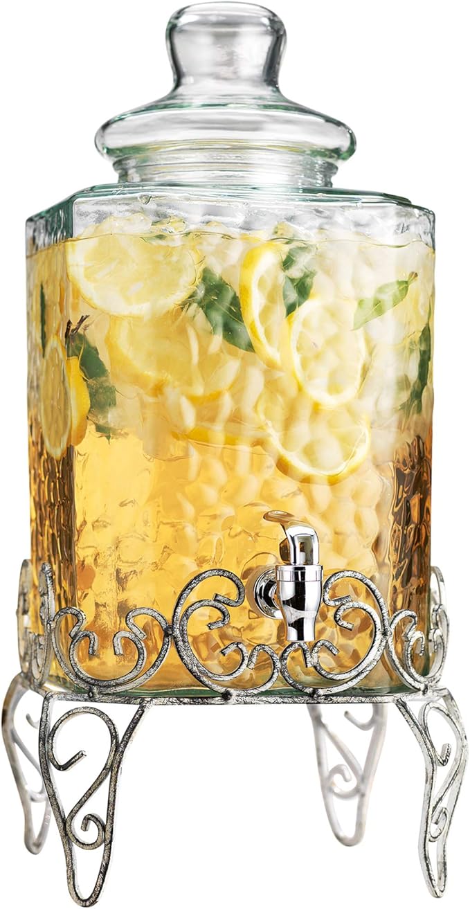 MosJos 2.5 Gallon Classic Hammered Glass Beverage Dispenser with Elegant Stand - Glass Drink Dispenser with 100% Leak Proof Spigot, Party Drink Dispensers for Lemonade, Punch, Water, Juice