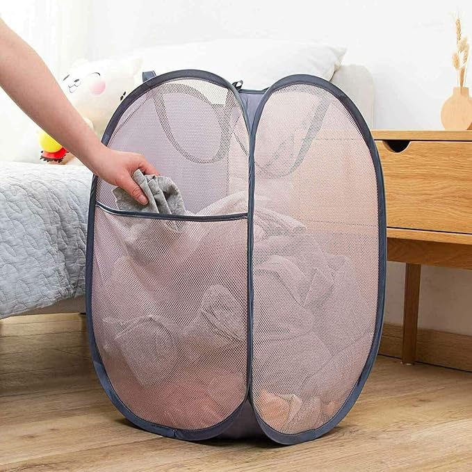 Pop Up Laundry Hampers, Collapsible Mesh Laundry Baskets for Home, Dorm, Travel, Portable Clothes Hampers, Pack of 2 (Black + Grey)
