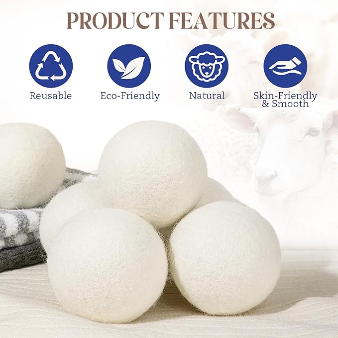 Wool Dryer Balls, New Zealand Dryer Balls Laundry Reusable Reduce Static Cling, Dryer Ball to Reduce Wrinkles & Shorten Drying Time, Drying Balls Fabric Softener Ball for Laundry（Pack of 6 XL)