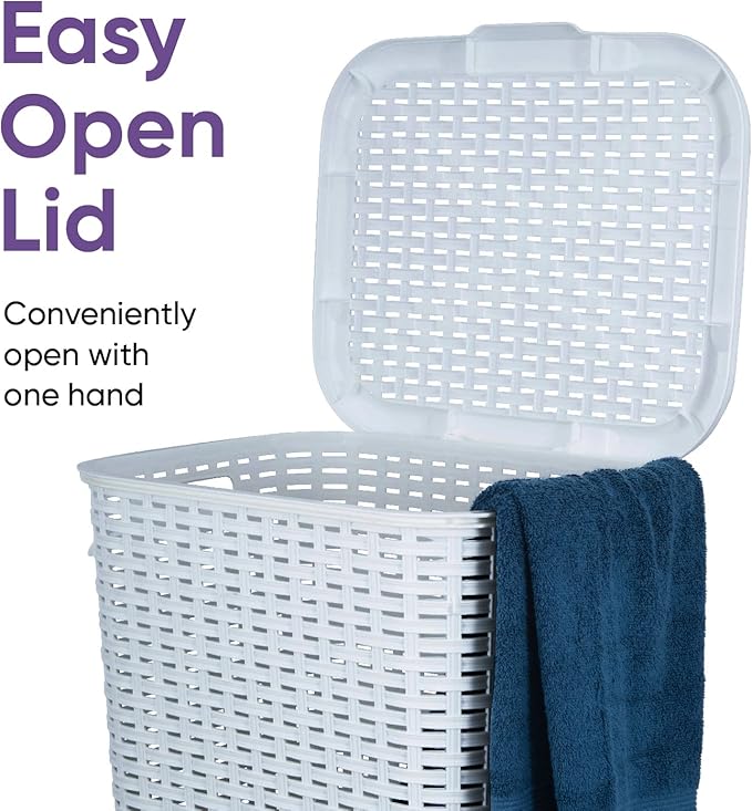 Plastic Laundry Hamper with Lid Laundry Hamper Basket, White Smoke 2 Pack Tall Cloths Hamper Organizer with Cut-out Handles. Space Saving for Laundry Room Bedroom Bathroom, Wicker Design 60 Liter
