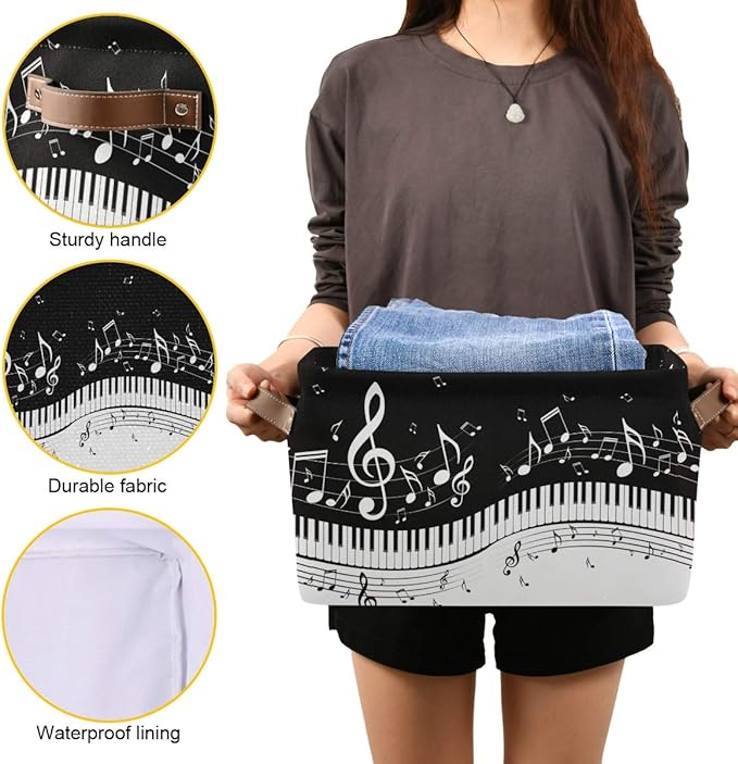 Foldable Storage Baskets, Piano Keys Musical Notes Storage Bins with Handles, Decorative Cloth Organizer Storage Boxes for Home|Office 15 x 11 x 9.5 in