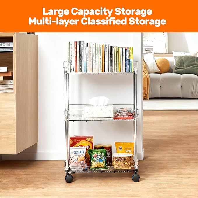 Betoveren 3 Tier Slim Storage Cart with Wheels Slim Rolling Utility Cart Mobile Shelving Units Organizer for Narrow Space in Home Kitchen Bathroom Laundry Room Transparent (Width 6.3 Inches)