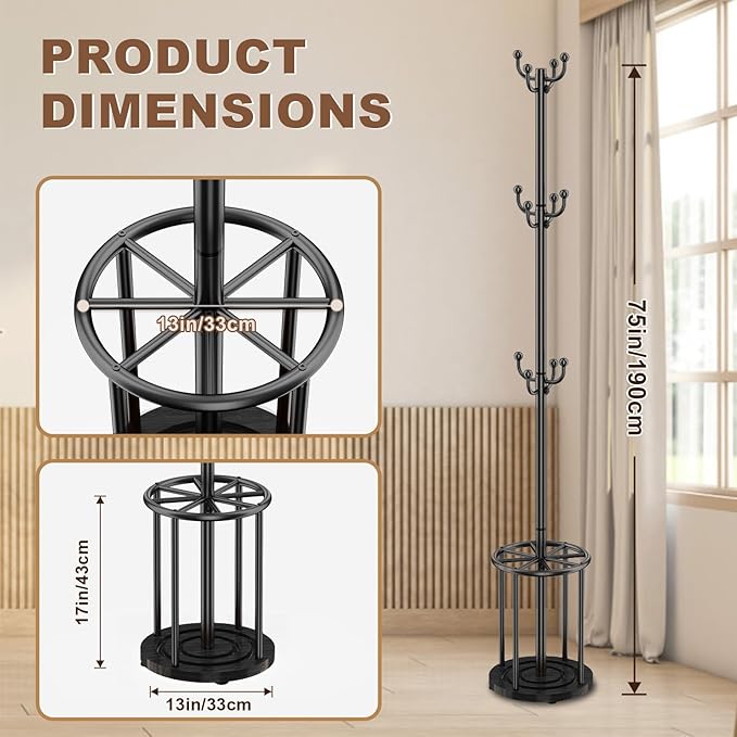 Coat Rack Freestanding, Coat Rack Stand with Umbrella Holder, Coat Tree, Coat Hanger Stand with 12 Hooks for Clothes Bag Hats, Hat Rack Hall Tree Coat Hanger Umbrella Stand for Entryway