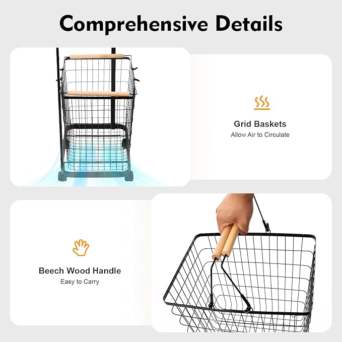 Laundry Basket, 2 Tiers Removable Laundry Baskets Cart Load Bearing Capacity of 88.18 lbs Metal Laundry Basket With 2 Removable Baskets and 4 Universal Wheels for Kitchens Bathrooms Bedrooms (Black)