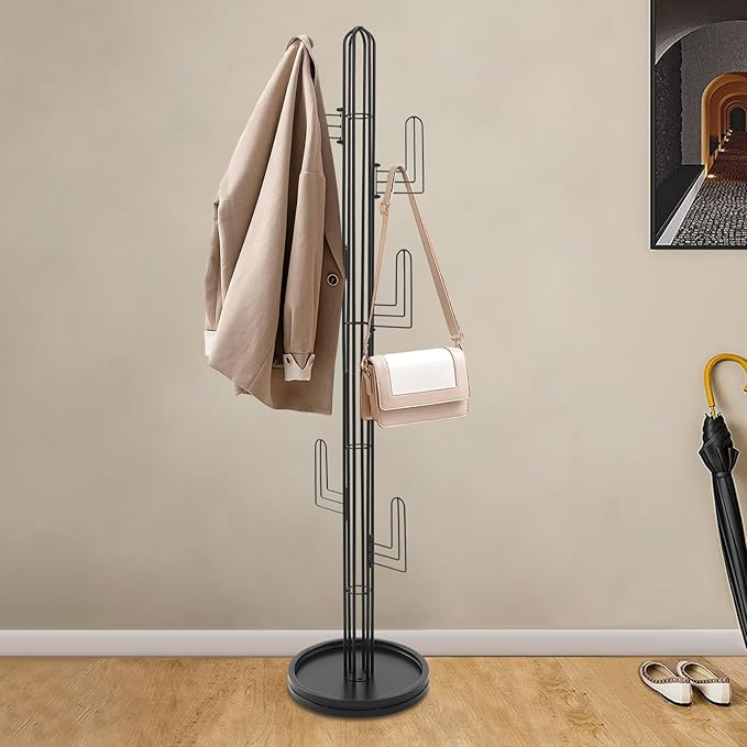 Cactus Coat Rack, Freestanding Coat Rack With 6 Hooks, Modern Metal Coat Racks with Round Base, Gold Cactus Shape Clothing Stand for Bedroom, Office (White)