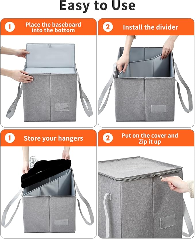 Qozary 2 Pack Clothes Hanger Organizer Bag-Rigid Hanger Storage Containers with Lid for Dustproof, Large Hanger Holder, Hanger Caddy Organizer Box with Handle-Keep Different Style Hangers Separate